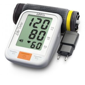 Elektroniczny ciśnieniomierz z wyświetlaczem pokazującym 120/80 mm Hg, puls 60, i funkcją dźwiękową.