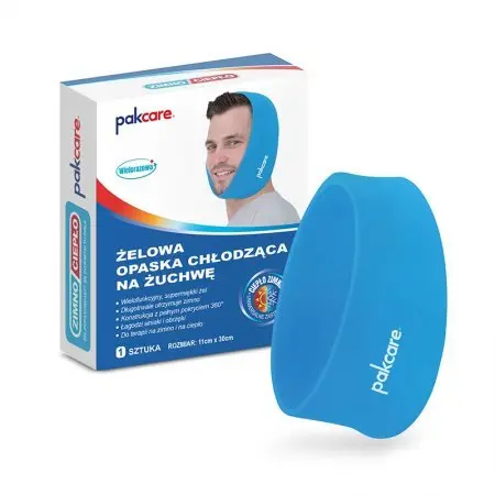 Żelowa opaska chłodząca na ucho, w kolorze niebieskim, w opakowaniu z uśmiechniętym mężczyzną na tle.