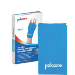 Wielorazowa żelowa opaska chłodząca na nadgarstek w niebieskim kolorze, obok opakowania z opisem produktu.