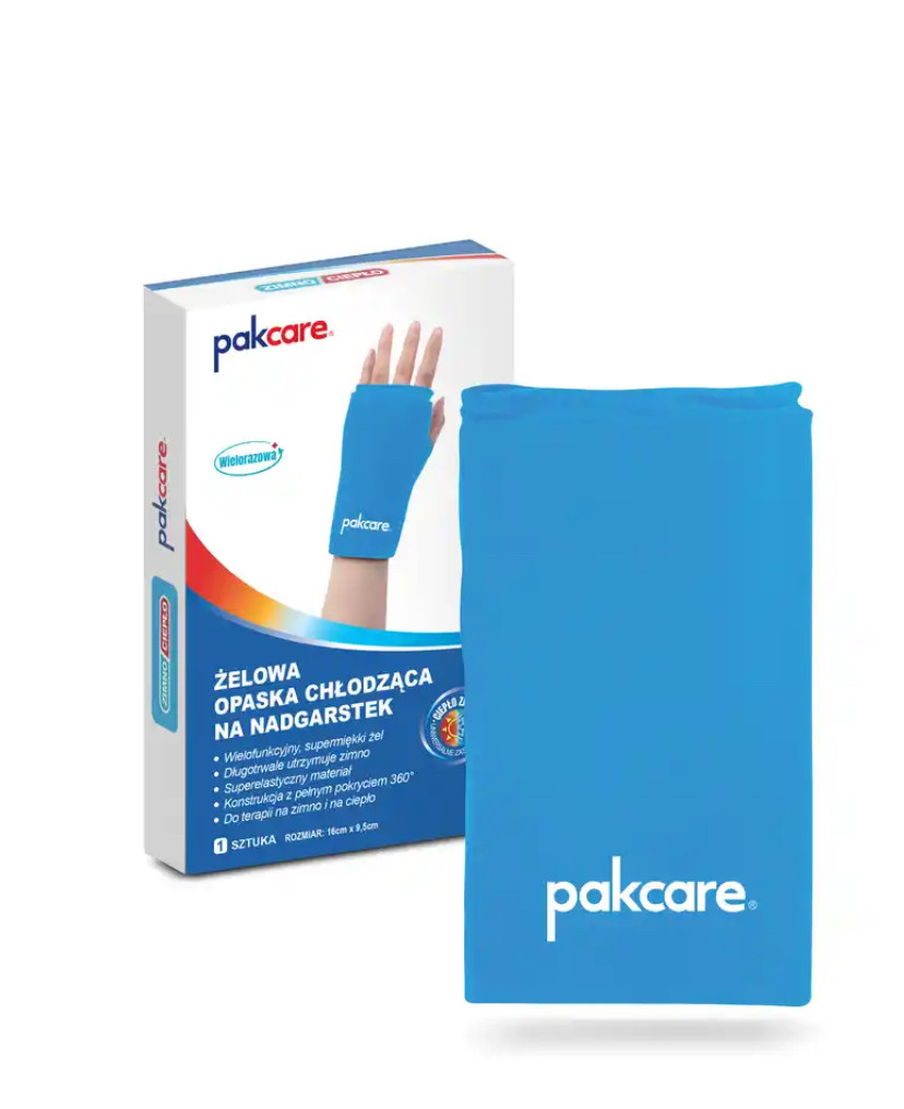 Wielorazowa żelowa opaska chłodząca na nadgarstek w niebieskim kolorze, obok opakowania z opisem produktu.