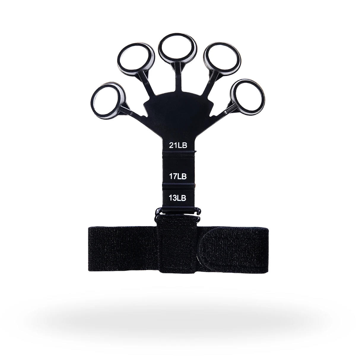 Urządzenie do ćwiczeń siłowych z pięcioma uchwytami, oznaczone wagami 13, 17 i 21 funtów, na czarnym pasku.