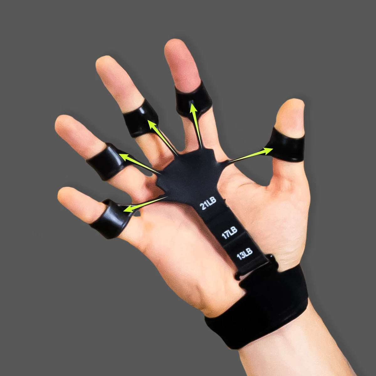 Dłoń z czarnym opaskami na palcach i nadgarstku, z oznaczeniami na pasku, wskazującymi różne punkty na palcach i dłoni.