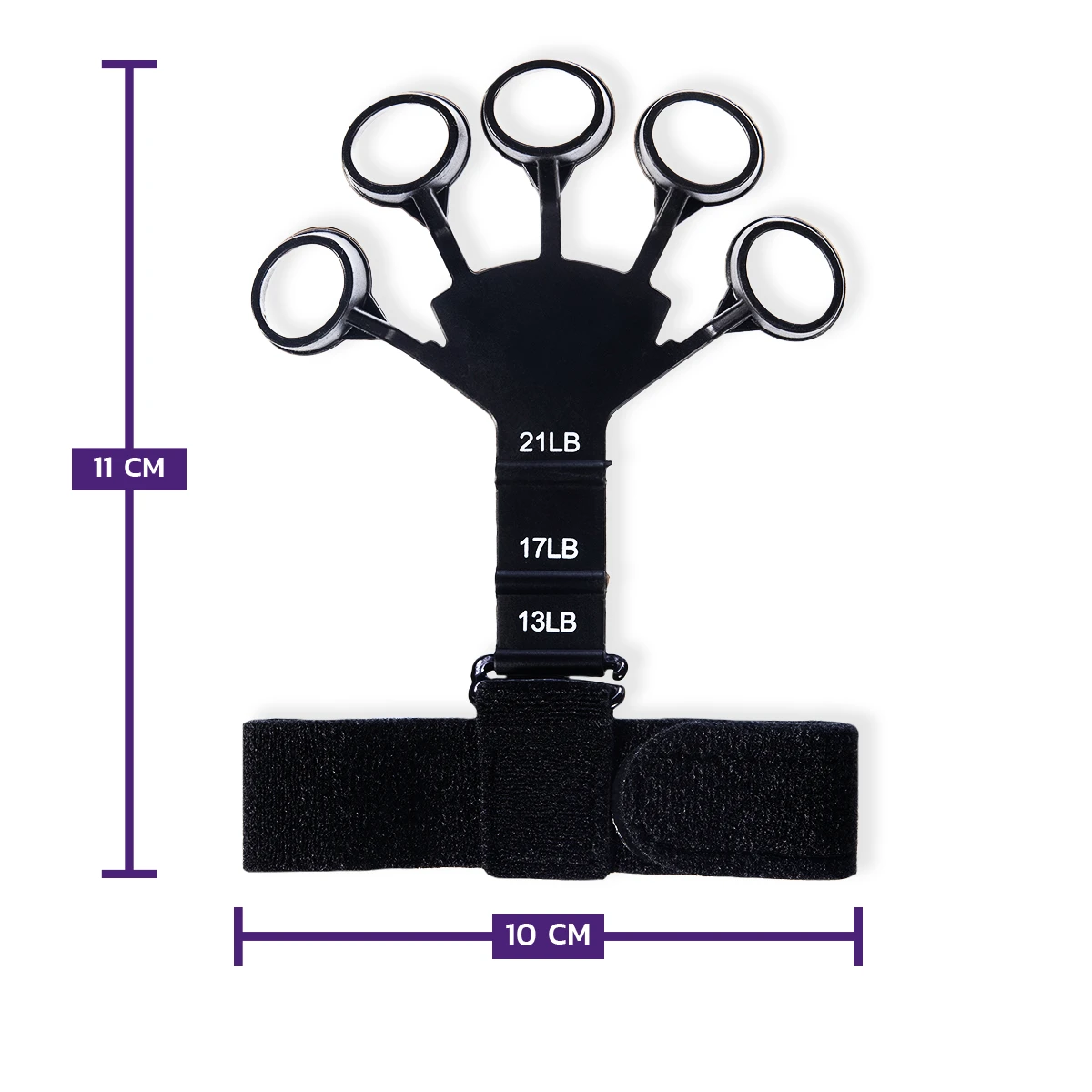 Stalowy uchwyt na hantle z pięcioma okrągłymi końcówkami, długość 11 cm, szerokość 10 cm, z oznaczeniami wag 13, 17