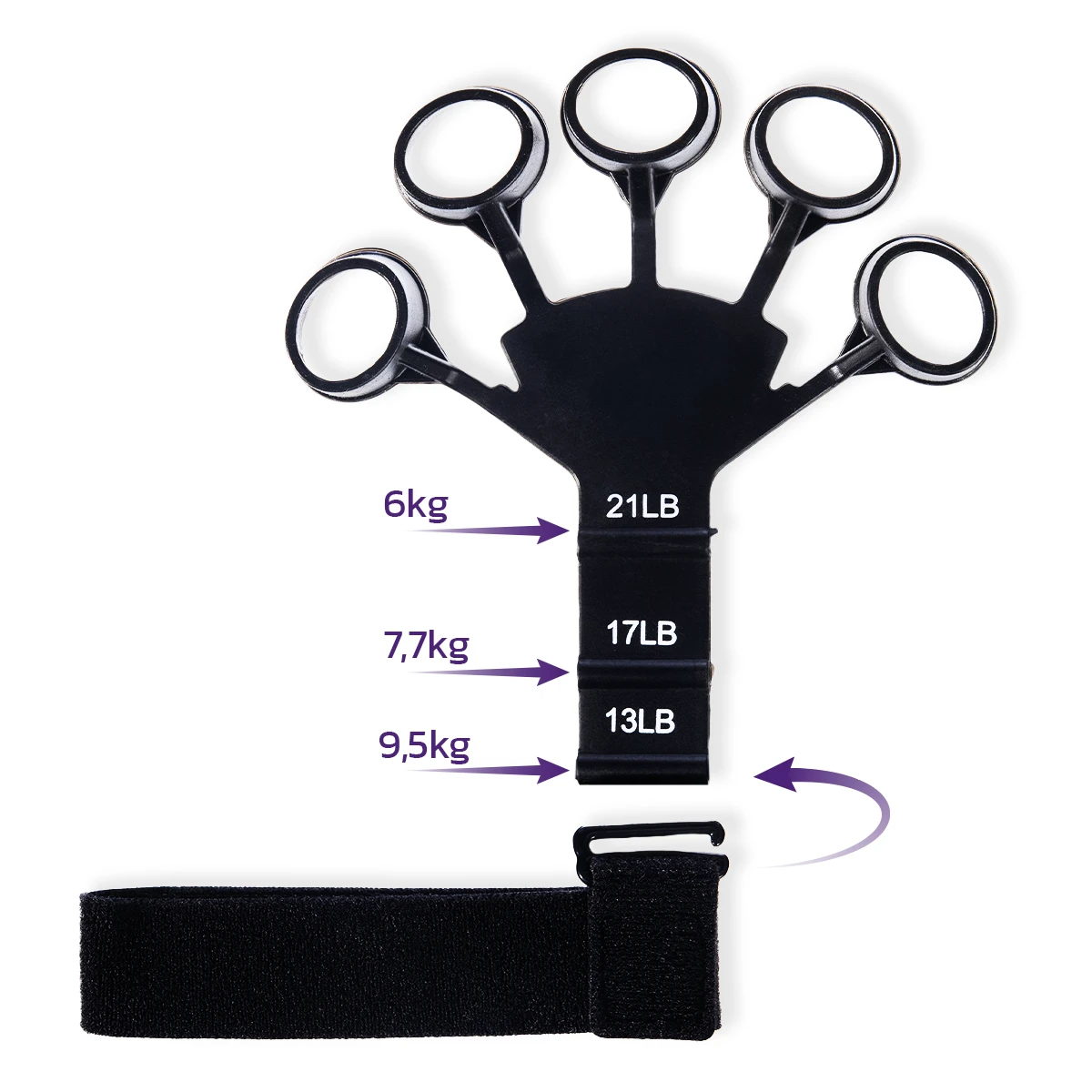 Urządzenie do pomiaru siły z pięcioma uchwytami, oznaczone wartościami 21LB, 17LB i 13LB, z pasem do mocowania.