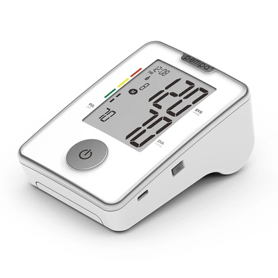 Elektroniczny ciśnieniomierz z dużym wyświetlaczem pokazującym 120/80 mm Hg i 70 uderzeń na minutę, z przyciskiem włą