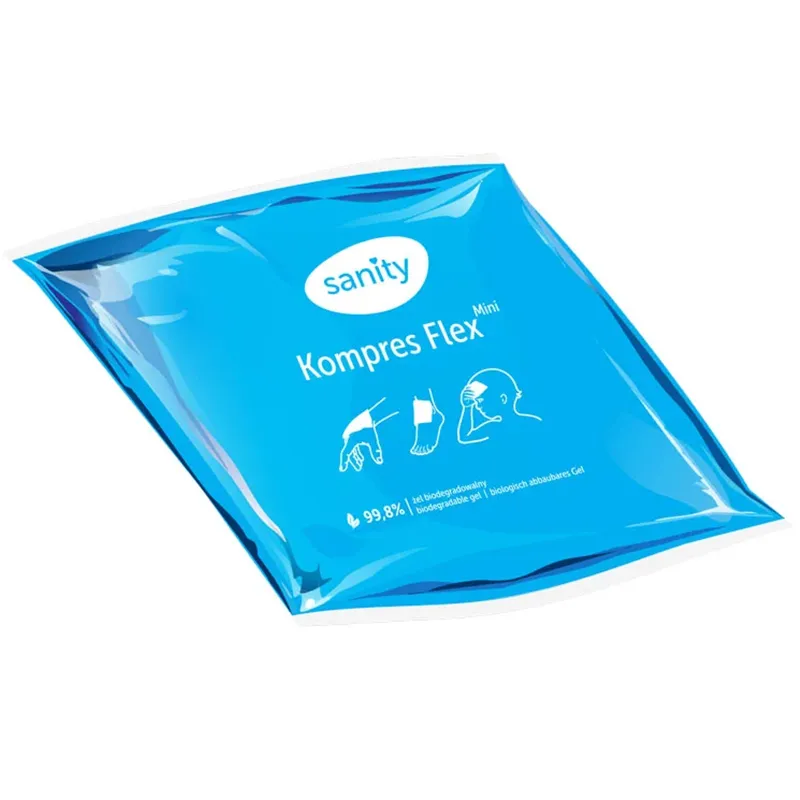 Maseczka do twarzy Sanity Kompres Flex Mini, biodegradowalna, w niebieskim opakowaniu, z ilustracjami użycia.