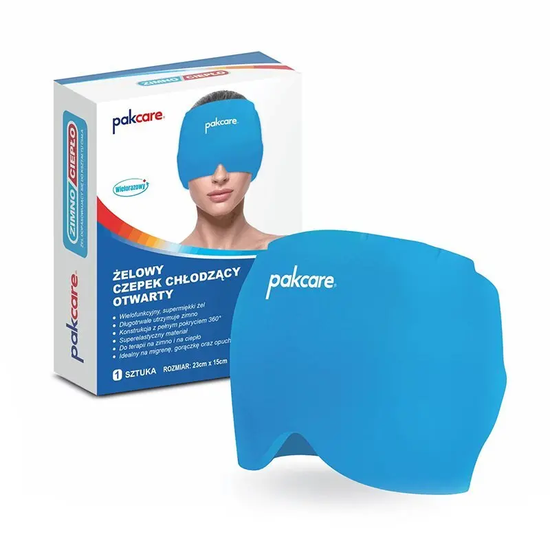 Żelowy czepek chłodzący otwarty na głowie kobiety, w opakowaniu z opisem funkcji i rozmiarem 23x15 cm.