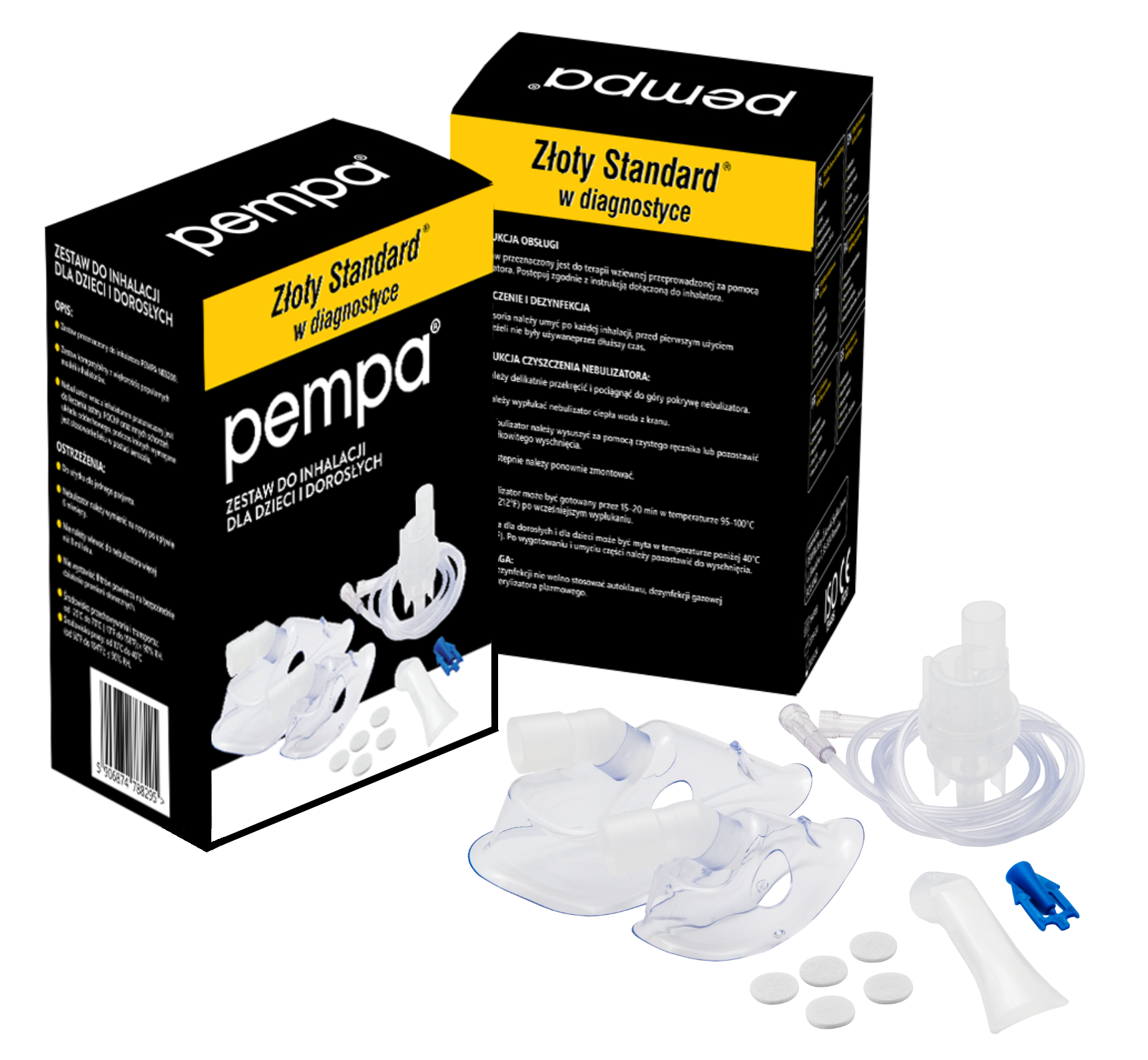 Zestaw do inhalacji dla dzieci i dorosłych, zawiera maski, rurki, filtry i instrukcję obsługi.